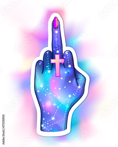 Female hand showing middle finger galaxy inside. Hand drawn illustration. Occult design vector illustration.Tattoo flash design. Vector isolated on white.