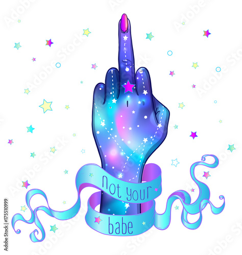 Female hand showing middle finger, galaxy inside. Hand drawn illustration. Vector illustration in pink pastel goth colors isolated on white. Sticker, patch, poster graphic design.