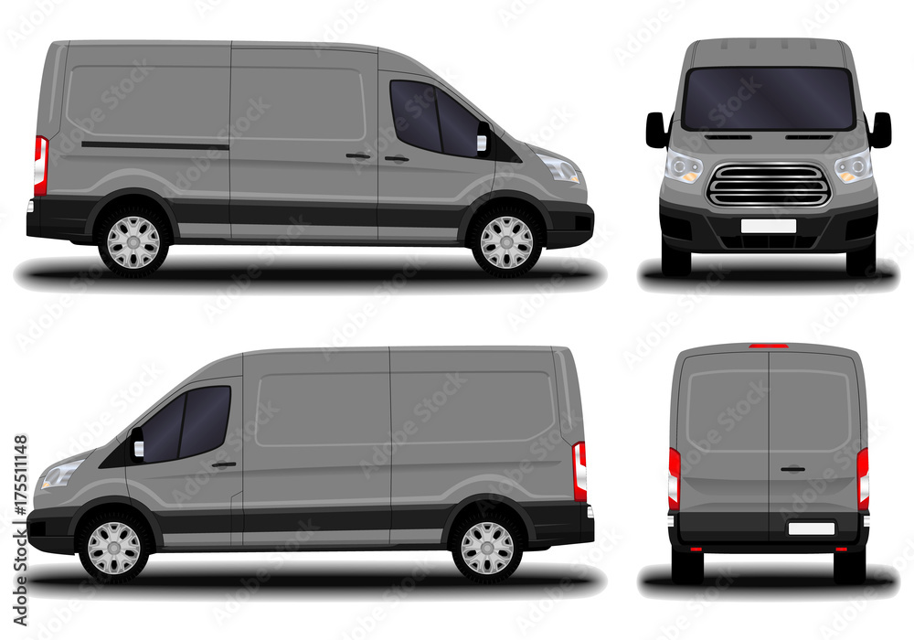 realistic cargo van. front view; side view; back view.