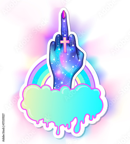 Female hand showing middle finger, cloud, rainbow. with galaxy inside. Hand drawn illustration. Occult design vector illustration.