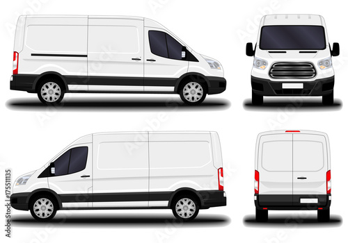 realistic cargo van. front view; side view; back view. photo
