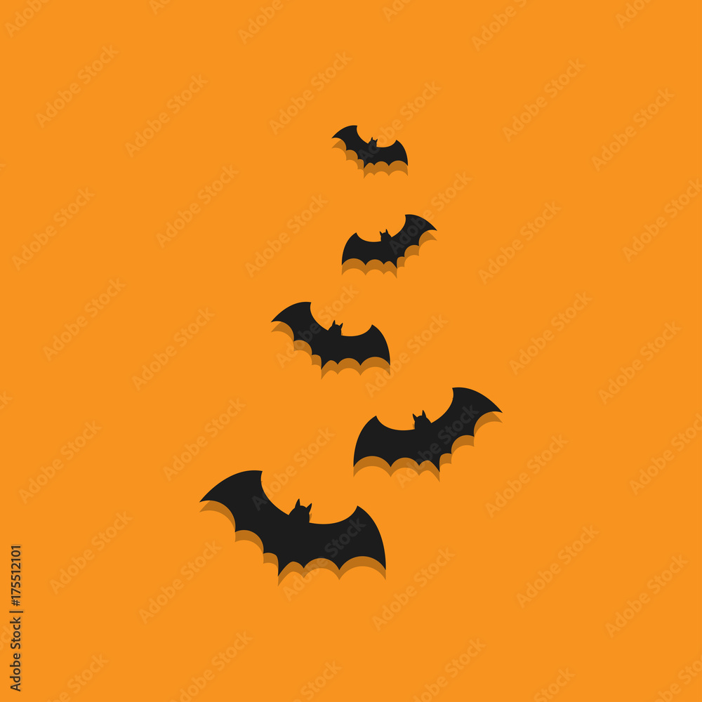 Bats flying on orange background. Halloween greeting card design template. 
Vector illustration. Bat silhouette, icon.
