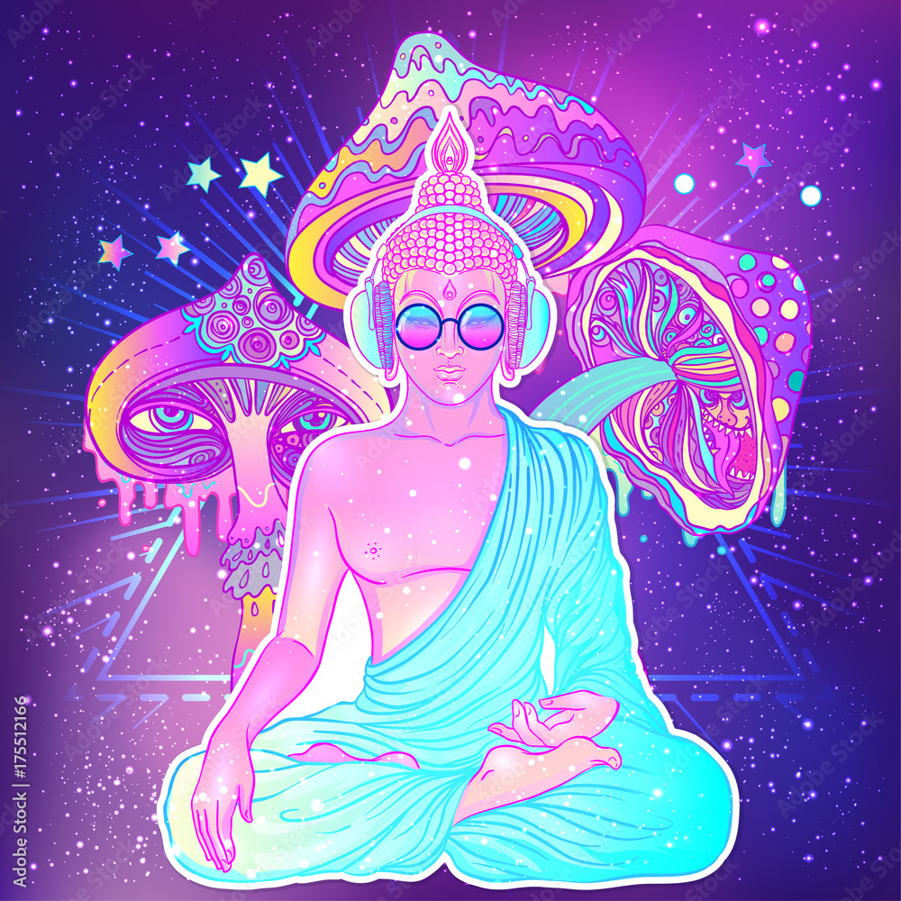 Peace and Love. Colorful Buddha in rainbow glasses listening to music in  headphones. Vector illustration. Hippie peace sign on sunglasses.  Psychedelic mushrooms. Buddhism, trance music. Stock Vector | Adobe Stock