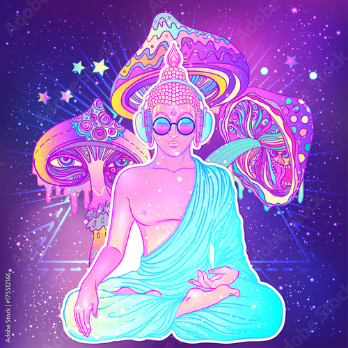 Peace and Love. Colorful Buddha in rainbow glasses listening to music in headphones. Vector illustration. Hippie peace sign on sunglasses. Psychedelic mushrooms. Buddhism, trance music.