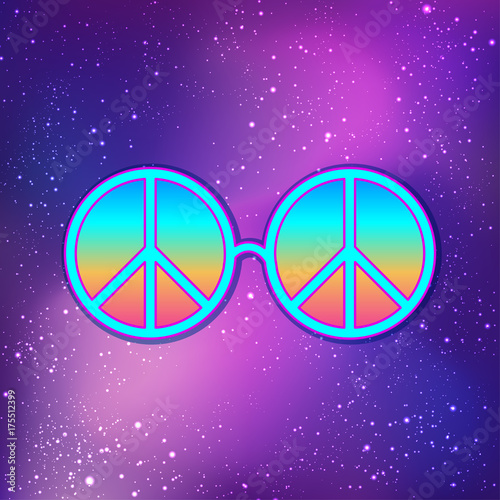 Round glasses with hippie peace sign over cosmic purple background. Woodstock style poster template. Summer and travel, bohemian or hippie concept. Vector illustration