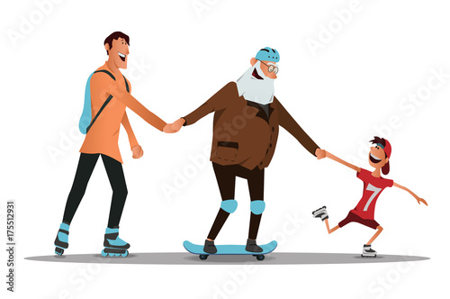 An elderly man learn to ride a skateboard with his son and grandson