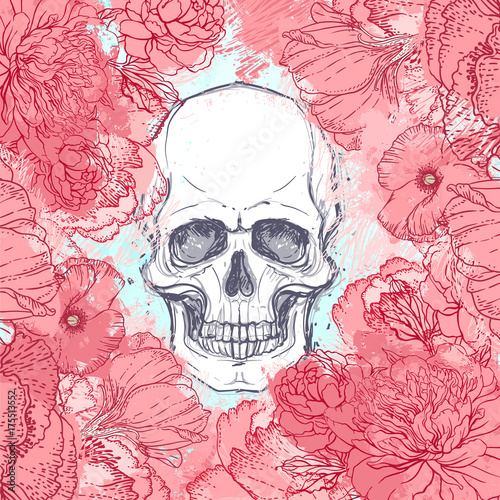 Human skull with peony, rose and poppy flowers on watercolor background.Tattoo design element. Vector illustration.