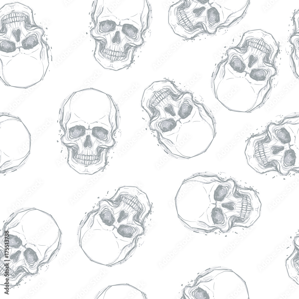 Sketchy style drawing of human skull, human head, seamless pattern. Tattoo design element. Vector illustration.