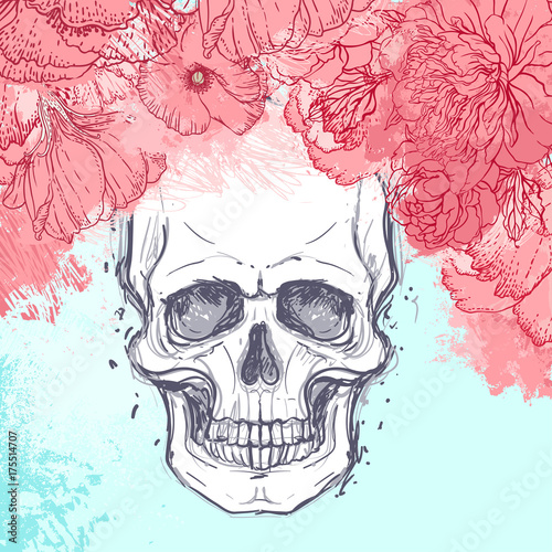 Human skull with peony, rose and poppy flowers on watercolor background.Tattoo design element. Vector illustration.