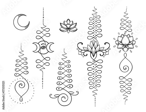 Lotus and Sacred Geometry. Unamole hindu symbol of wisdom and path to perfection. Set of tattoo flesh, yoga logo, Buddhism design. Boho print, poster, t-shirt textile. Isolated vector