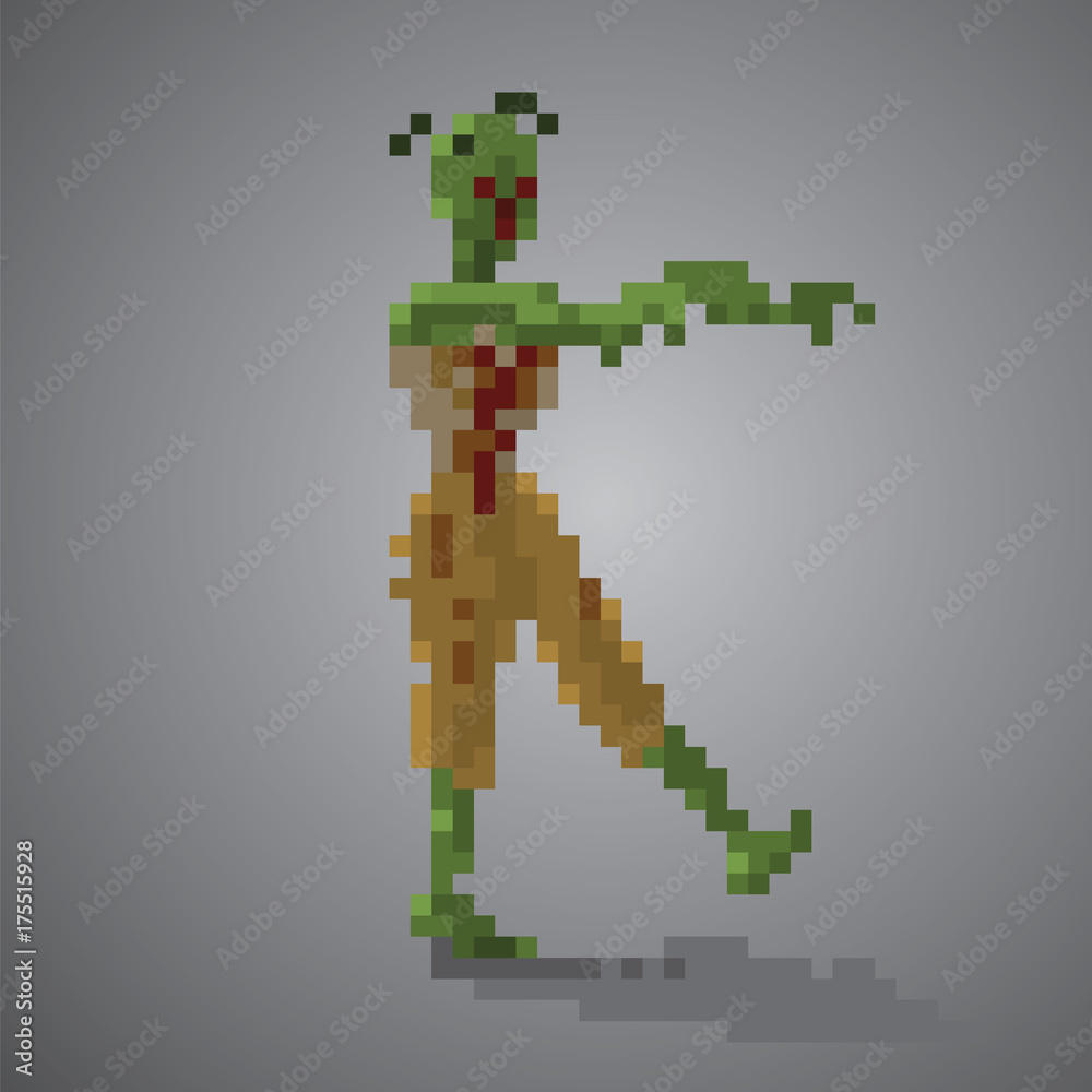 Fototapeta premium Zombie woman walking pixel 8 bit vector illustration.