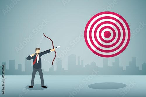 Businessman Aiming bow with arrow to arrow target..