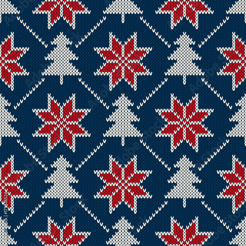 Winter Holiday Seamless Knitted Pattern with a Christmas Trees and Snowflakes. Knitting Sweater Design. Wool Knitted Texture