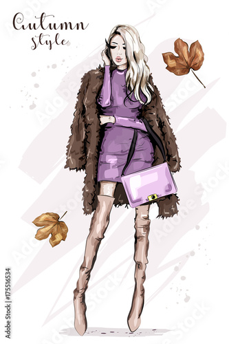 Stylish young woman in fur jacket holding bag. Beautiful blond hair fashion woman. Autumn clothing outfit. Fashion model posing. Sketch. 