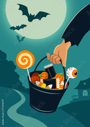 Vector flat illustration of person's hand carrying a trick-or-treat bucket full of Halloween candy, on a background of night landscape with trees and house in a distance, full moon, flying bats.