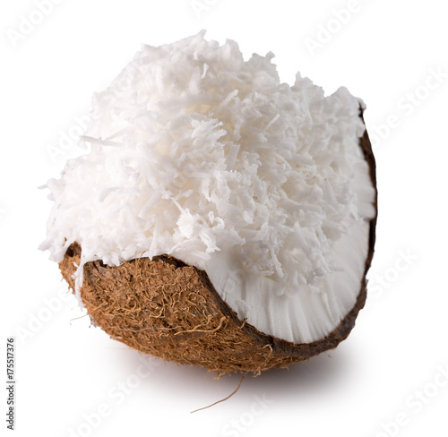coconut with coconut flakes isolated on a white background