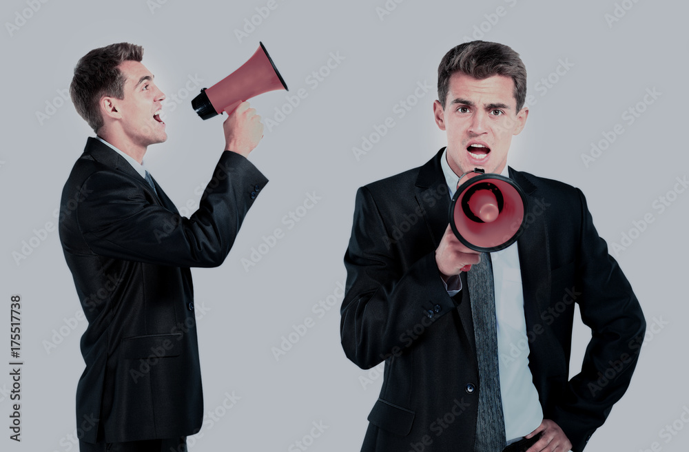 business man screaming loudly in a megaphone business man screaming loudly in a megaphone