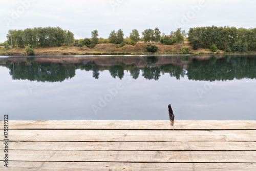Calm lake with trees on the opposite bank and a board with a bird feather in the foreground