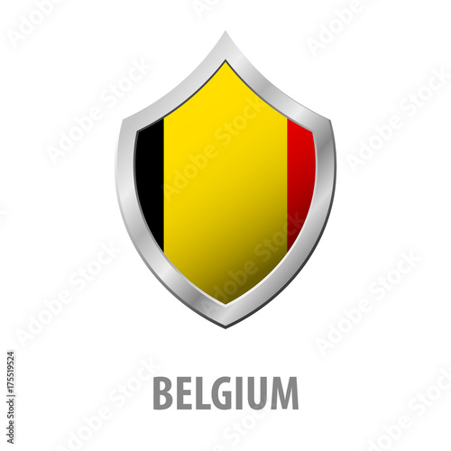 Belgium flag on metal shiny shield vector illustration.