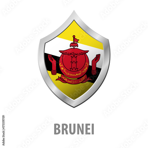 Brunei flag on metal shiny shield vector illustration.