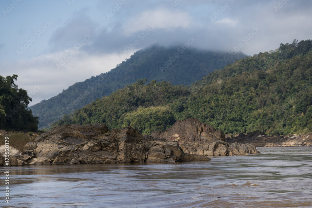 Photography Scenic view of river flowing through mountains, River Mekong, Oudomxay Province,