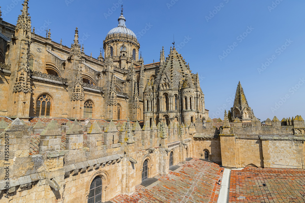 View of upper side of Salamanca Old and New Cathedrals, Community of Castile and León, Spain.  Declared a UNESCO World Heritage Site in 1988