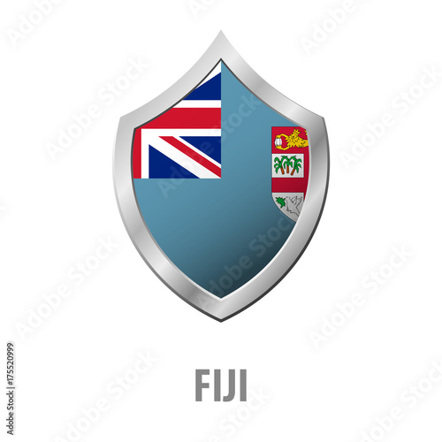 Fiji flag on metal shiny shield vector illustration.