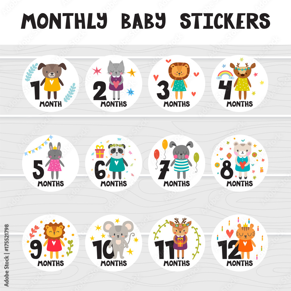 Monthly baby stickers for little girls and boys. Month by month growth stickers for clothing. Great baby shower gift. Cute cartoon animals