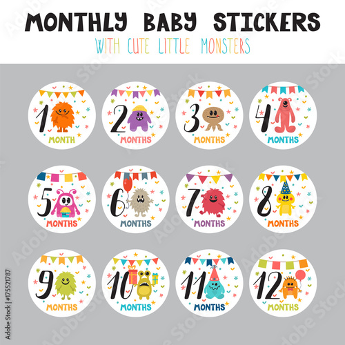Monthly baby stickers for little girls and boys. Month by month growth stickers for clothing. Cute cartoon little monsters. Great baby shower gift