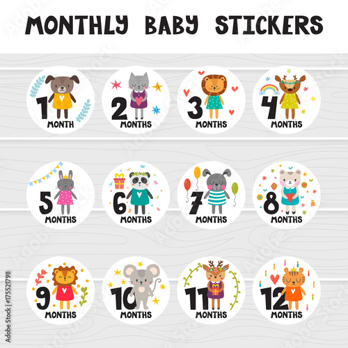 Monthly baby stickers for little girls and boys. Month by month growth stickers for clothing. Great baby shower gift. Cute cartoon animals © Helen Sko