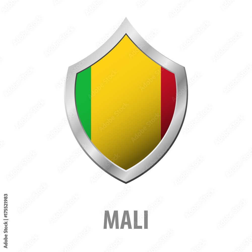 Fototapeta premium Mali flag on metal shiny shield vector illustration.