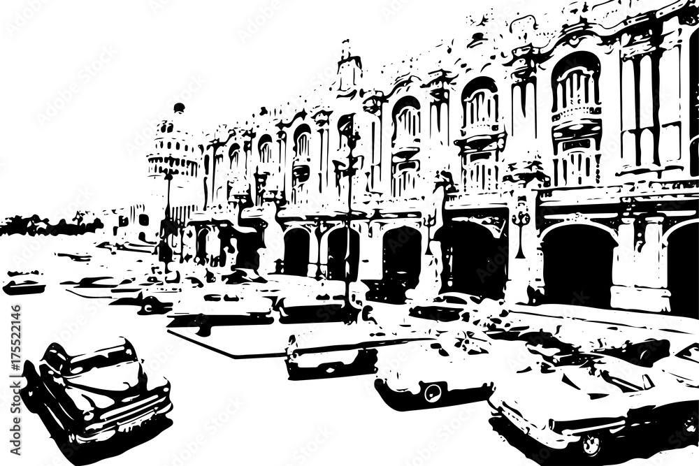 Black and white classic cars in the center of Havana in Cuba. Black and white drawn of Havana city. - vector illustration
