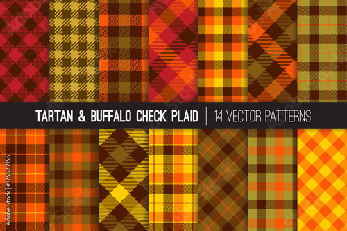 Fall Foliage Colors Tartan and Buffalo Check Plaid Vector Patterns. Brown, Red, Orange & Green Flannel Shirt Fabric Textures. Fall Fashion. Thanksgiving Day Background. Pattern Tile Swatches Included