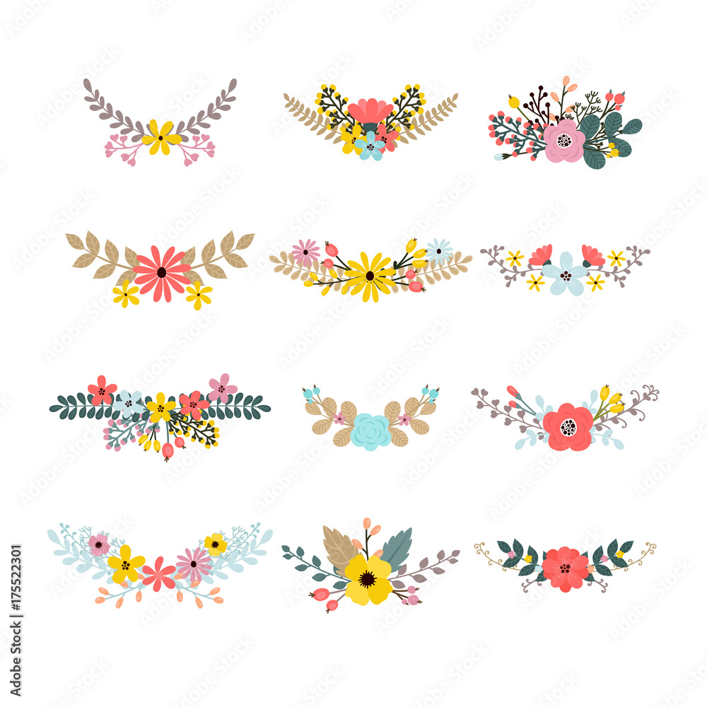 Set of floral bouquets for decoration. Floral design elements. Elegant bouquets for greeting card, wedding, invitation, anniversary. Collection with leaves and flowers