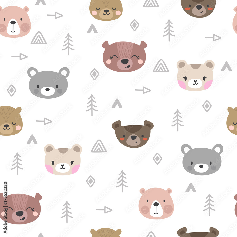 Tribal seamless pattern with cartoon bears. Abstract geometric art print. Hand drawn ethnic background with cute animals