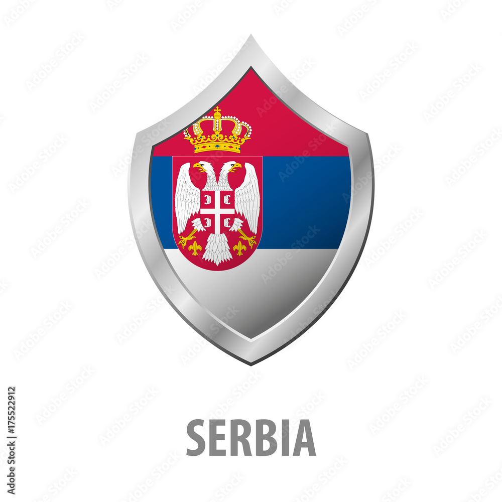 Serbia flag on metal shiny shield vector illustration.