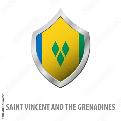 Saint Vincent and the Grenadines flag on metal shiny shield vector illustration.