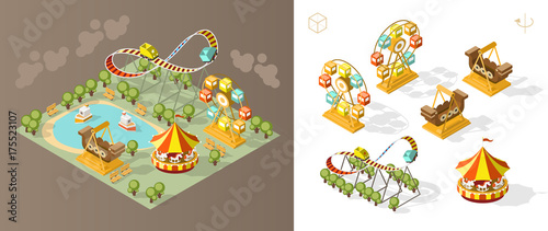 Isometric High Quality City Element on Brown Background . Theme Park
