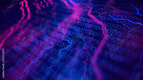 Technology background. Circuit board futuristic server code processing. PCB, Code, HTML. Blue, purple, violet background with digital integrated network technology. Printed circuit board.