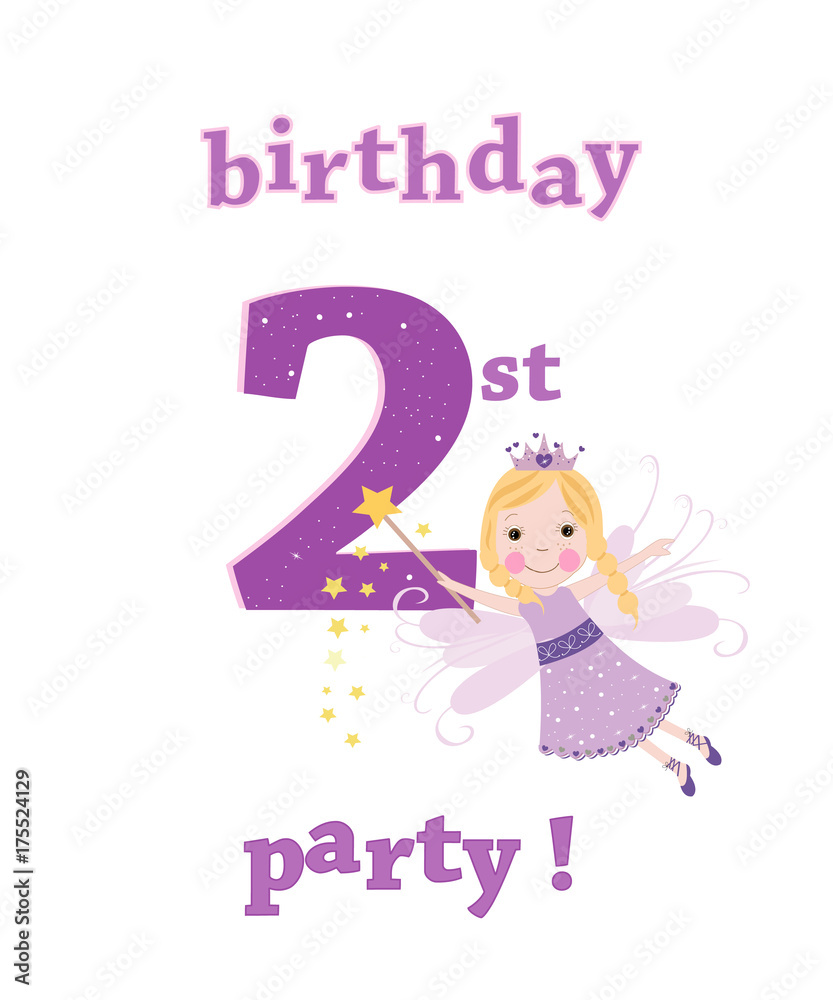 Happy second birthday fairy tale. Happy birthday girl greeting card Happy second birthday fairy tale. Happy birthday girl greeting card