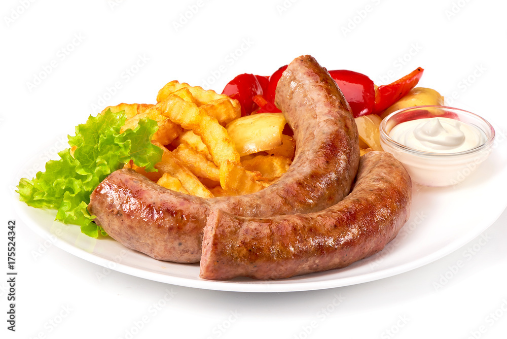 grilled sausages with potatoes fries solated on white background grilled sausages with potatoes fries solated on white background