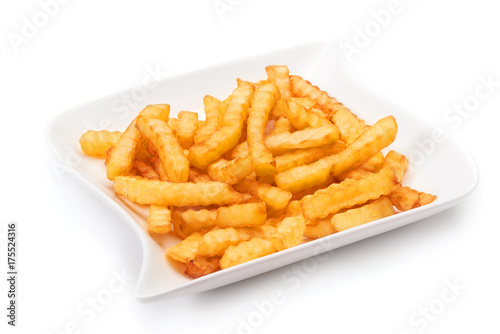 Potato fries with ketchup on white background