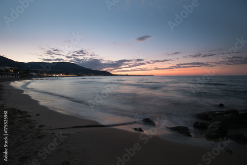 Sunset over the sea. Stalida, Crete, Greece. Autumn, the end of the tourist season.