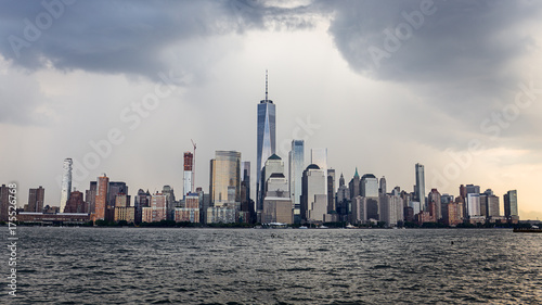 Lower Manhattan Skyline on a cloudy day  NYC  USA