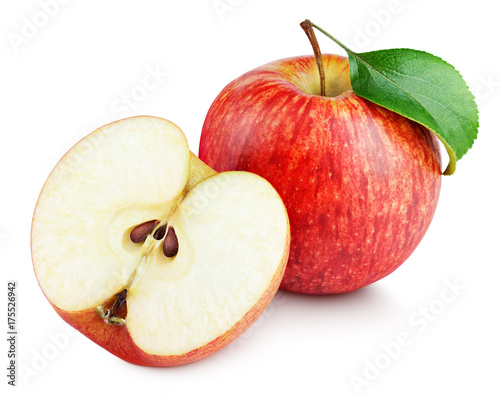 Ripe red apple fruit with apple half and green leaf isolated on white background with clipping path
