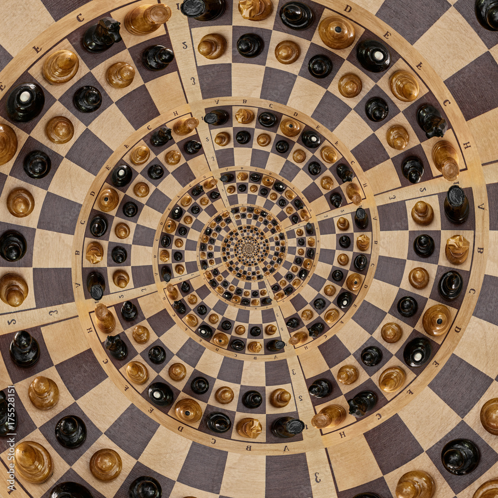 Abstract wooden chess desk white black figures mix spiral effect. Chess ...
