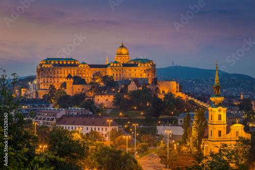 Budapest, Hungary - The beautiful Buda Castle Royal Palace at magic hour with colorful sky