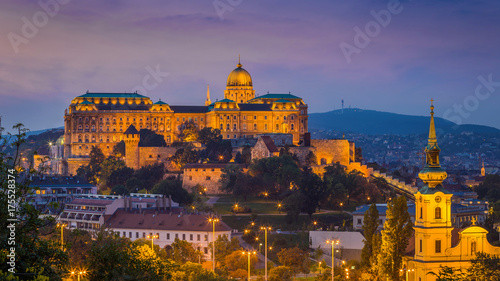 Budapest, Hungary - The beautiful Buda Castle Royal Palace at magic hour with colorful sky