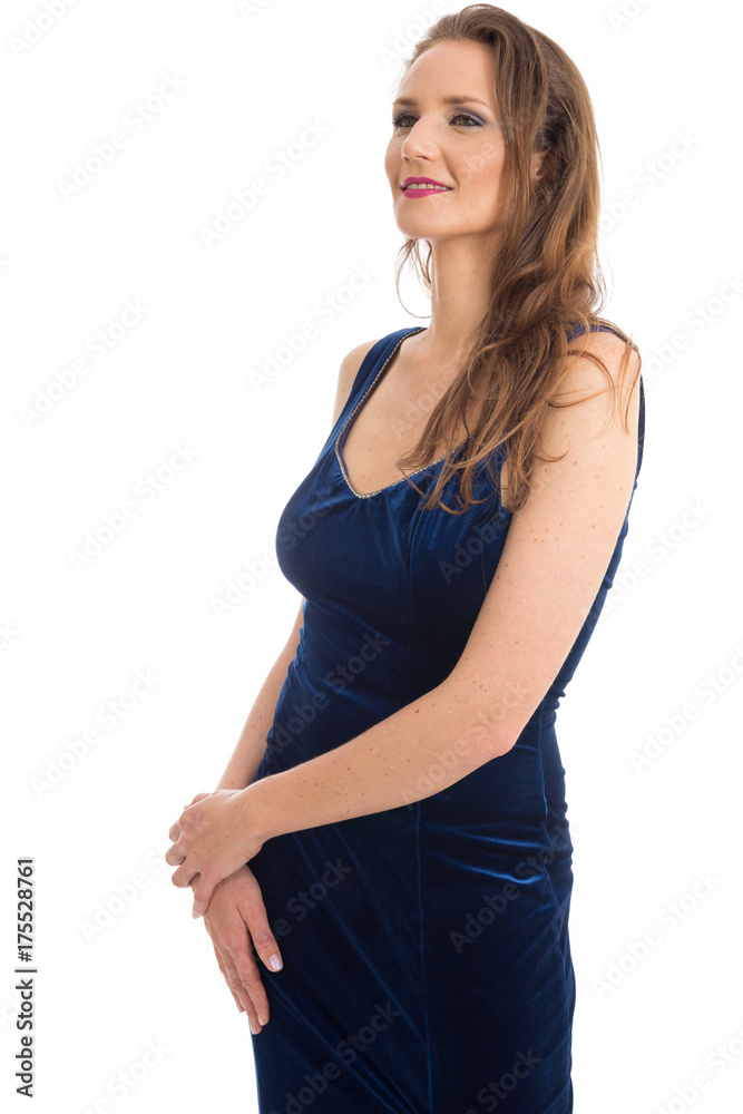 Semi profile of a beautiful woman. Female model wearing elegant dress.. Semi profile of a beautiful woman. Female model wearing elegant dress..
