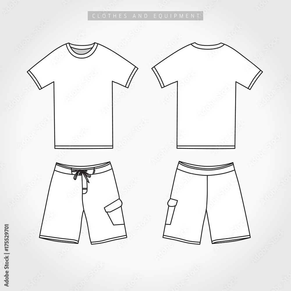 T-shirt & shorts active sport line template. Front and back side views ...